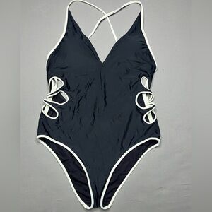 aerie Black One-Piece Swimsuit with White Trim Size XL